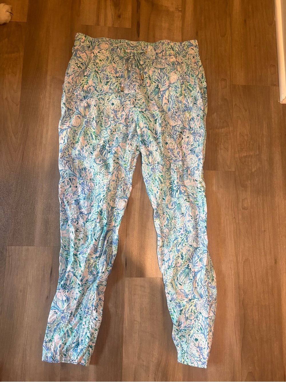 Lilly Pulitzer Taron Mid-Rise Linen Pants in the Surf Blue Soleil On Me size L